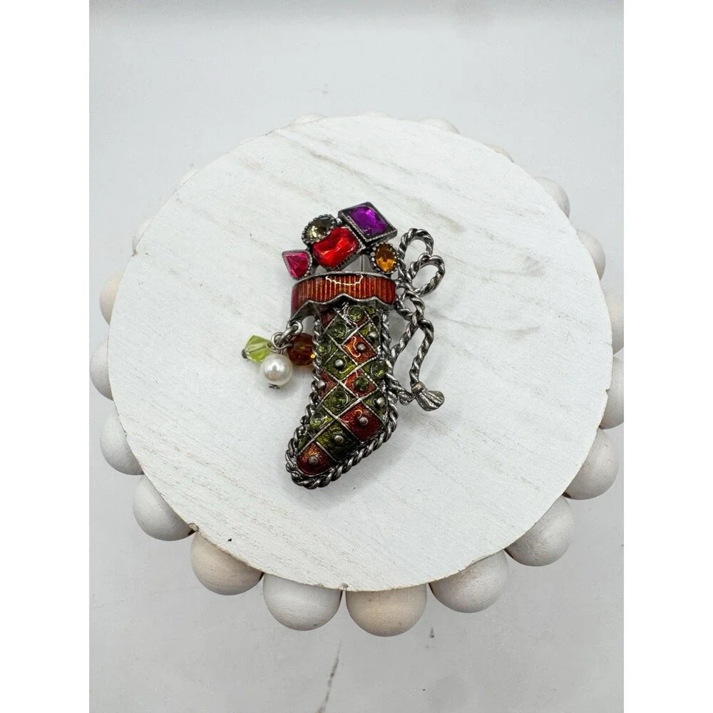 KC Kenneth Cole Classic Christmas Stocking Crystal Gems Brooch Cha Cha Beads